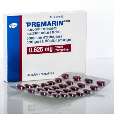 Premarin® tablet package. You can see it clearly states conjugated estrogens.